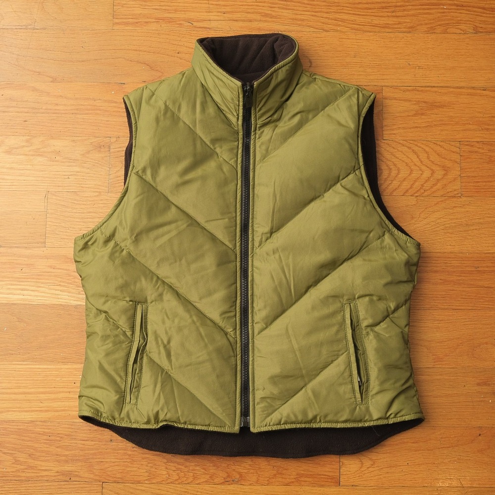 Express Reversible Puffer Vest Women Green Black Fleece Full Zip Size S Quilted